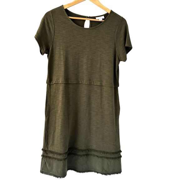 J. Jill Green Short Sleeve Scoop Neck Stretchy Fringe Midi Dress Pockets Size SP - Picture 1 of 8